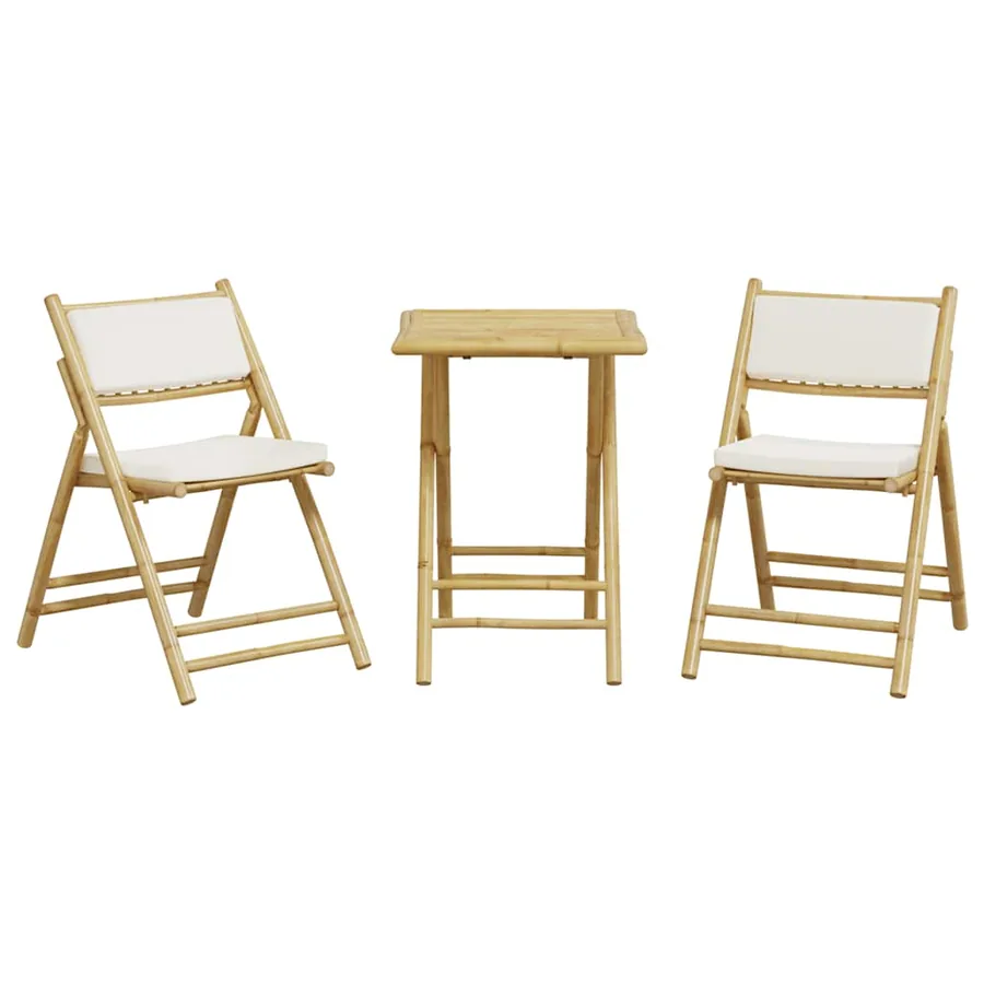 Ensemble de bistro pliante 3 pcs et coussins blanc crème bambou - 4