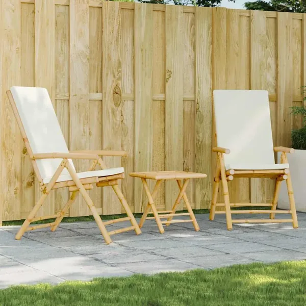 Ensemble de bistro pliante 3 pcs et coussins blanc crème bambou
