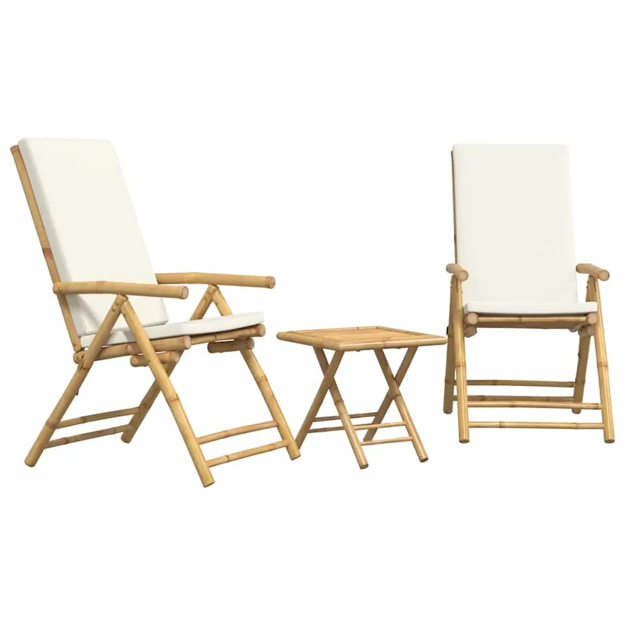 Ensemble de bistro pliante 3 pcs et coussins blanc crème bambou - 2