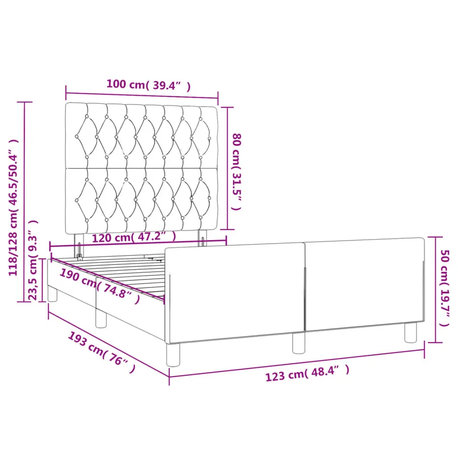 Cadre de lit sans matelas noir 120x190 cm tissu - 11