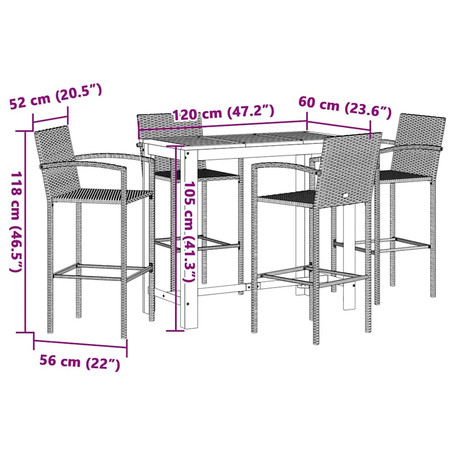 Ensemble de bar de jardin 5 pcs noir bois massif acacia rotin - 11