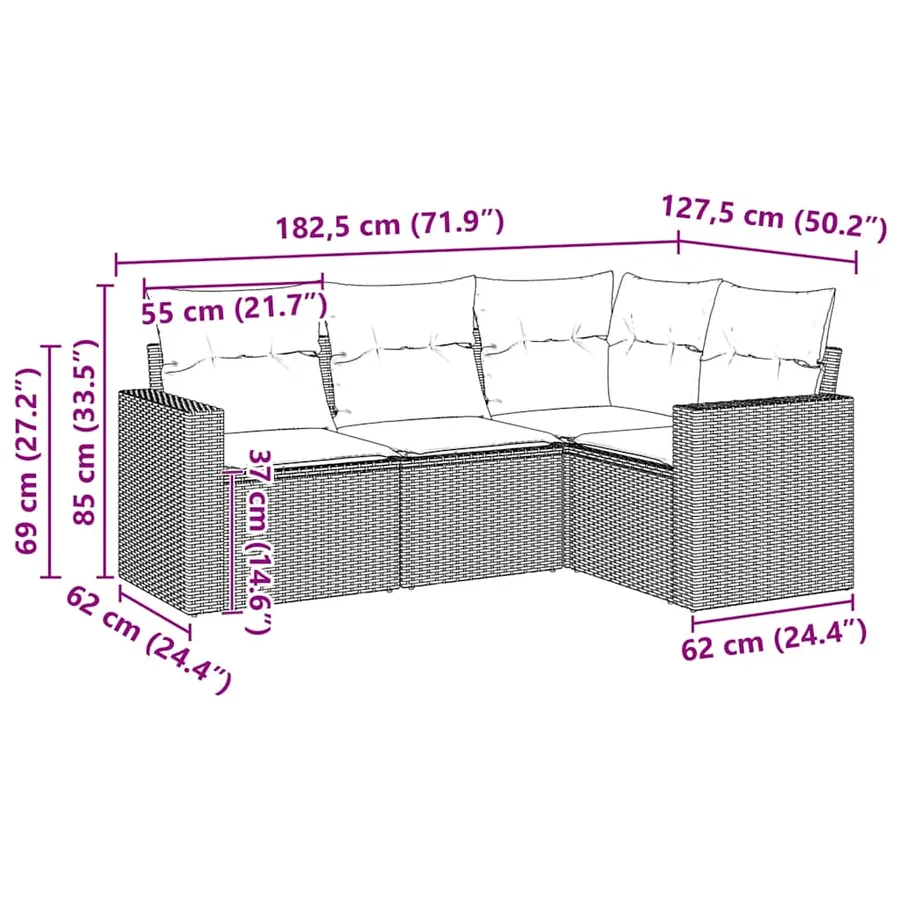 Salon de jardin 4 pcs avec coussins noir résine tressée - 3