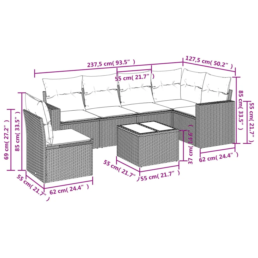 Salon de jardin 7 pcs avec coussins noir résine tressée 62 x 62 x 69 cm - 60,0 kg - 3