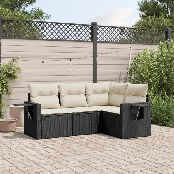 Salon de jardin 4 pcs avec coussins noir résine tressée