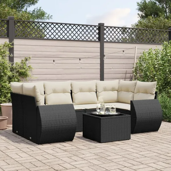 Salon de jardin 7 pcs avec coussins noir résine tressée 71 x 62 x 69 cm - 63,1 kg