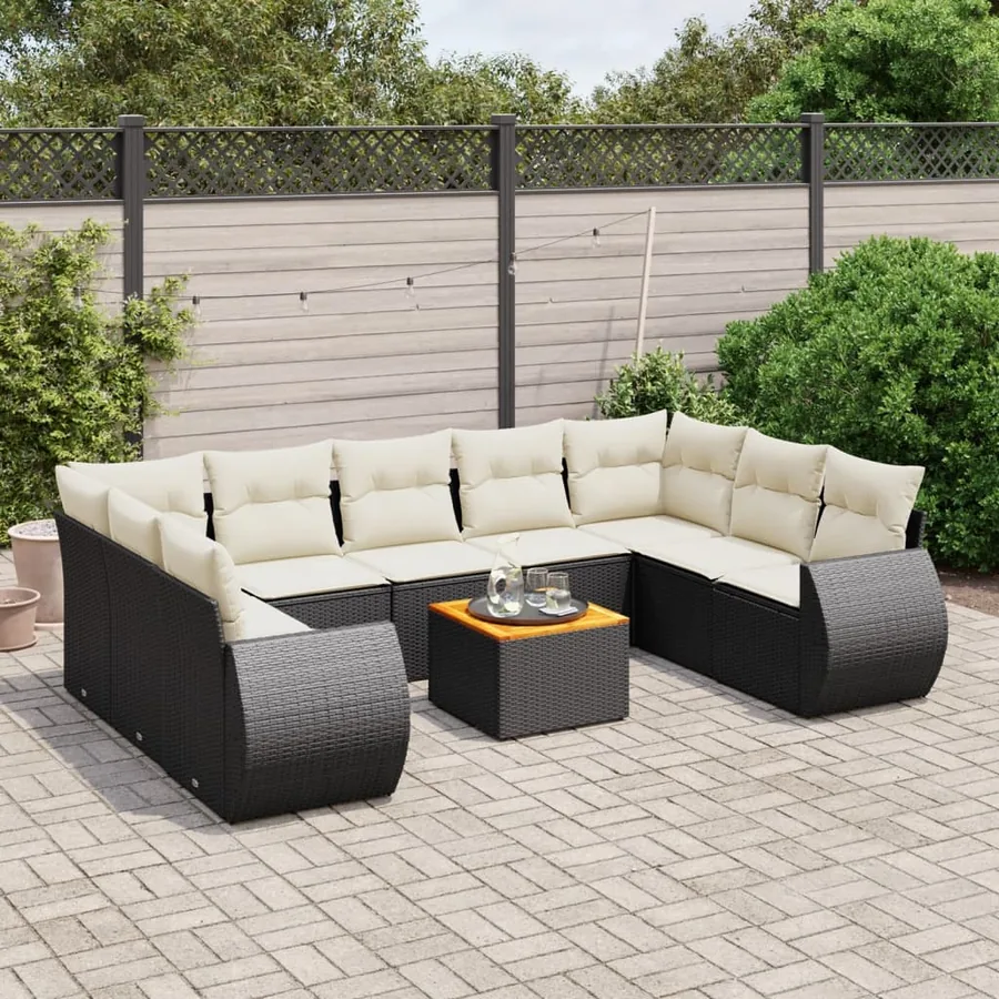 Salon de jardin 10 pcs avec coussins noir résine tressée
