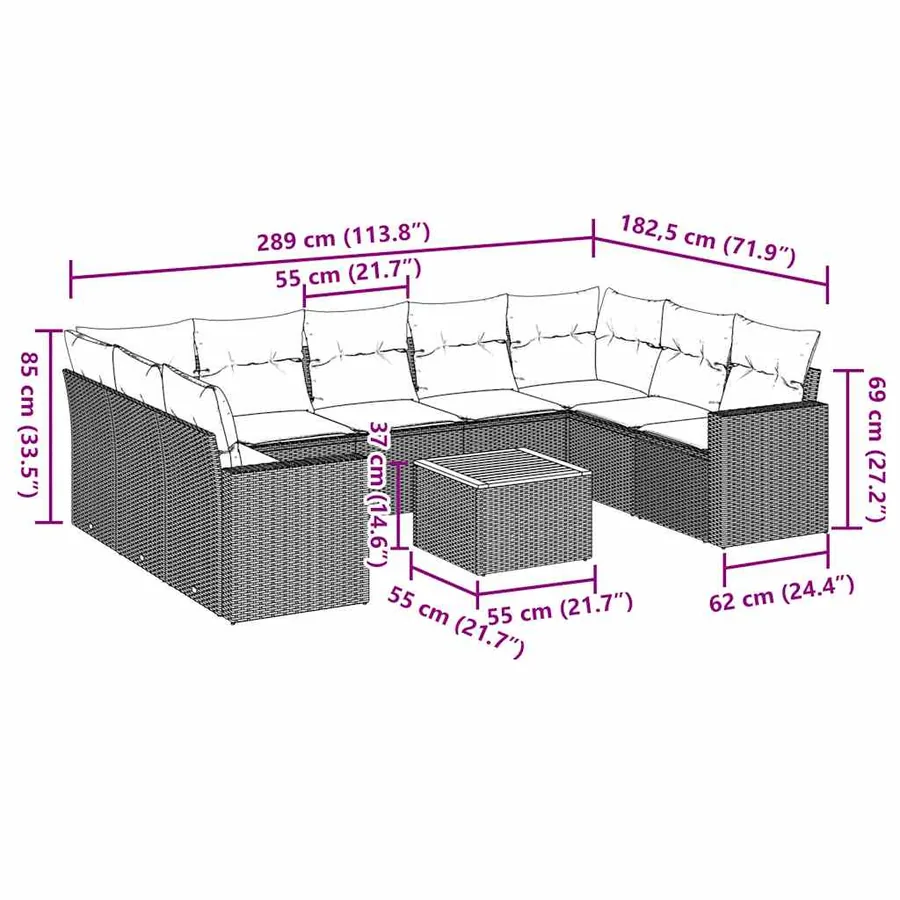 Salon de jardin 10 pcs avec coussins noir résine tressée - 12