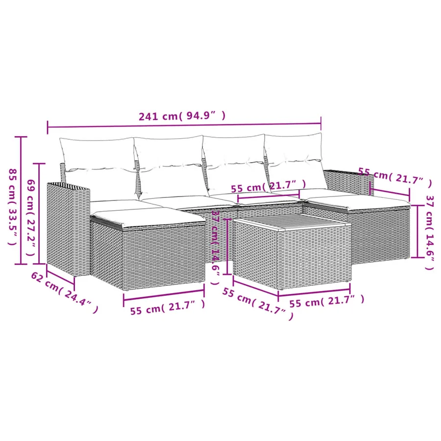 Salon de jardin 7 pcs avec coussins noir résine tressée 55 x 62 x 69 cm - 55,4 kg - 14