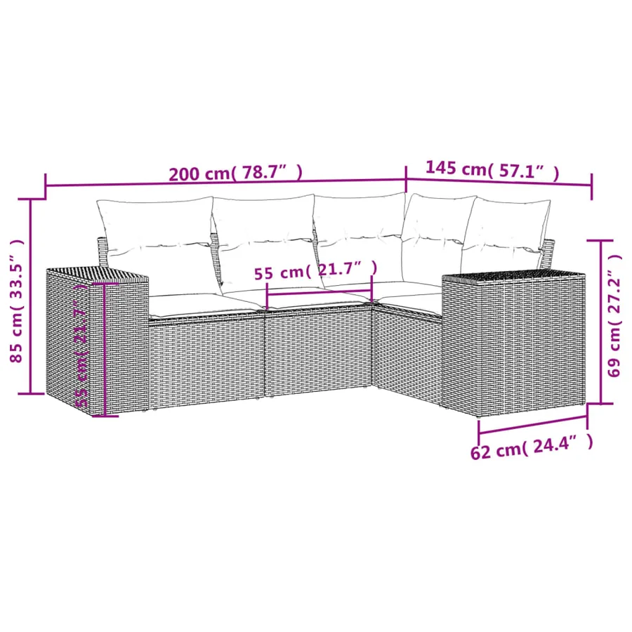 Salon de jardin 4 pcs avec coussins noir résine tressée - 3