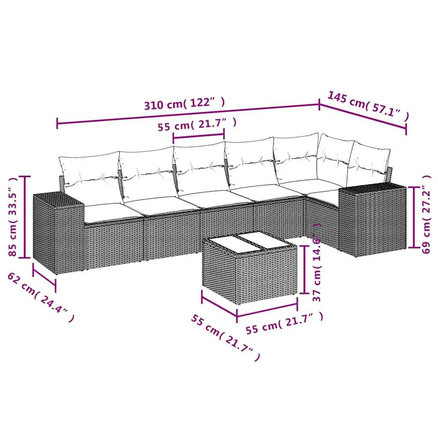 Salon de jardin 7 pcs avec coussins noir résine tressée 62 x 62 x 69 cm - 63,2 kg - 3