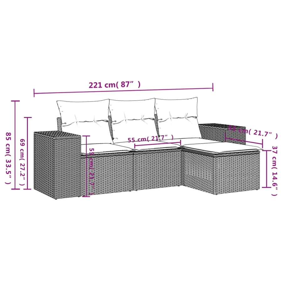 Salon de jardin 4 pcs avec coussins noir résine tressée - 3