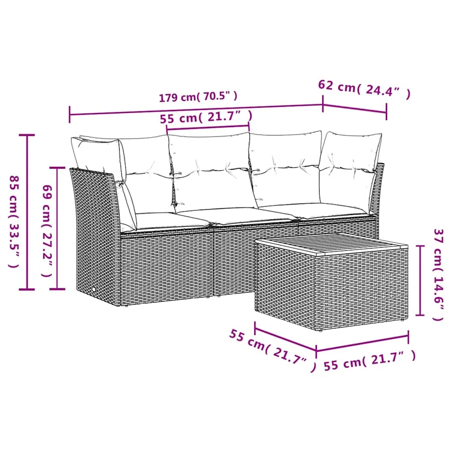 Salon de jardin 4 pcs avec coussins noir résine tressée - 10