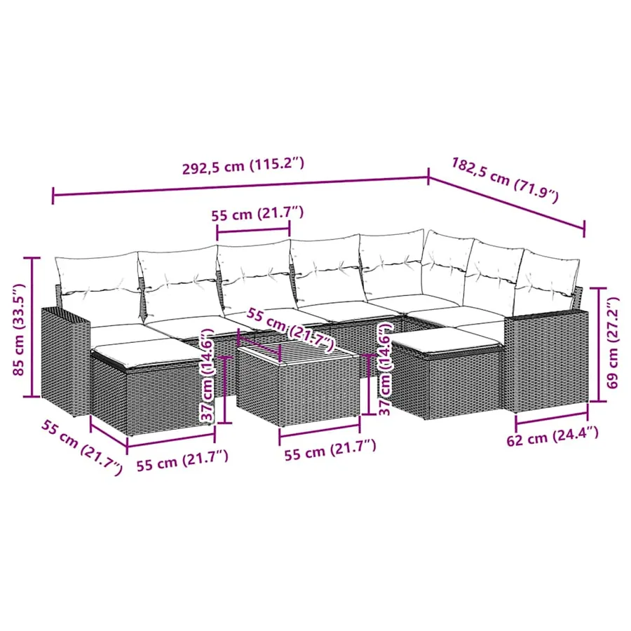 Salon de jardin 10 pcs avec coussins noir résine tressée - 14