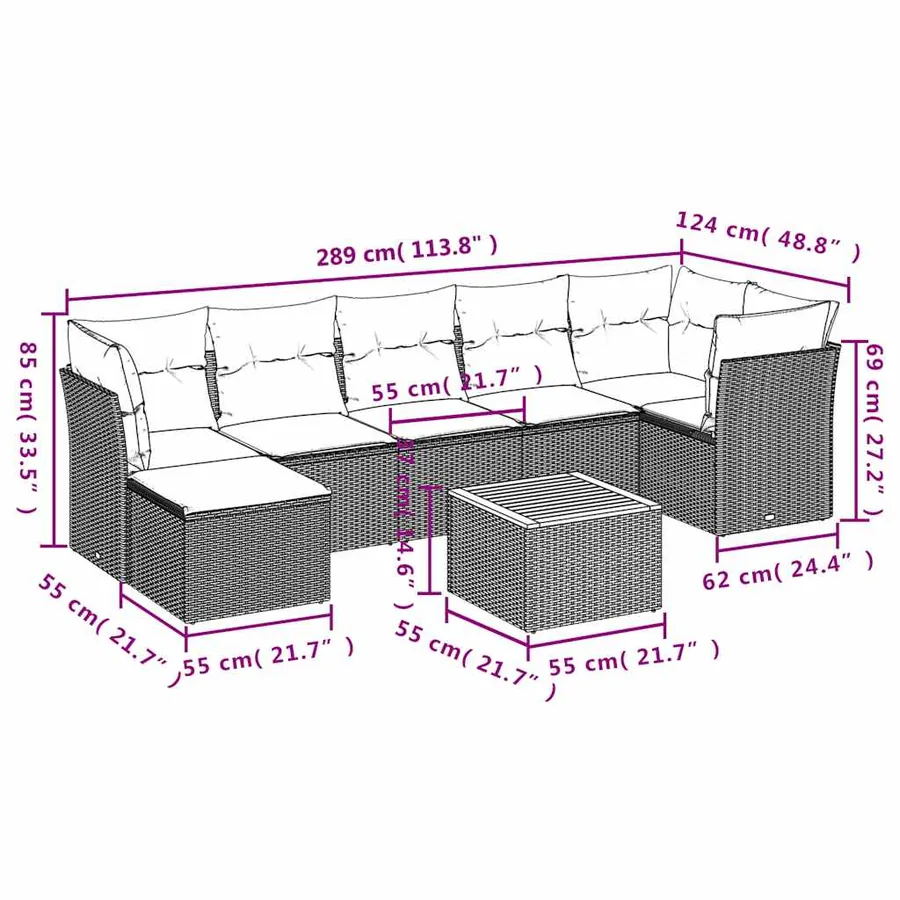 Salon de jardin 8 pcs avec coussins noir résine tressée - 11