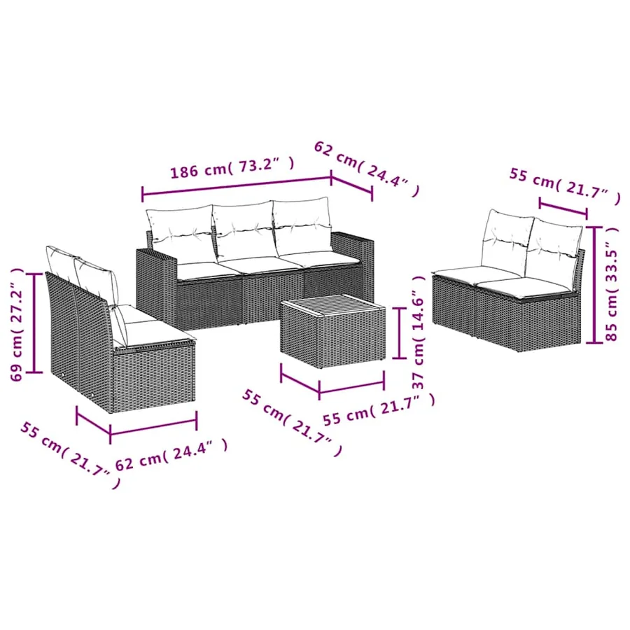 Salon de jardin 8 pcs avec coussins noir résine tressée - 10