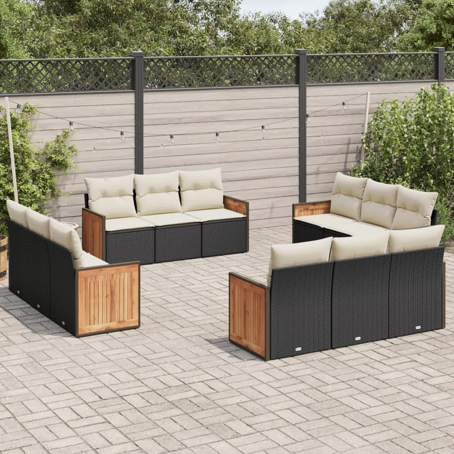 Salon de jardin 12 pcs avec coussins noir résine tressée