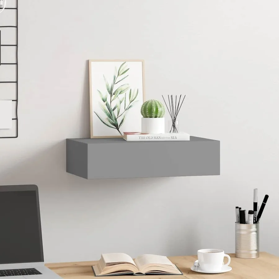 Étagère à tiroir murale gris 40x23,5x10 cm MDF - 3