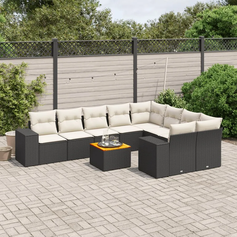 Salon de jardin 10 pcs avec coussins noir résine tressée