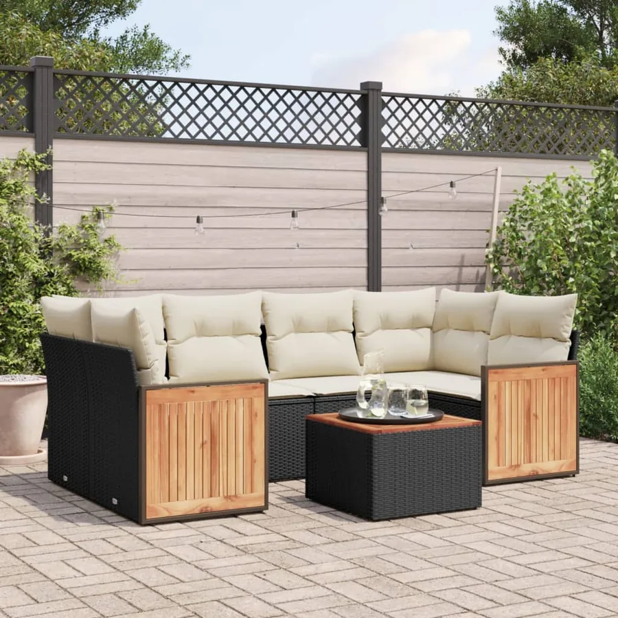 Salon de jardin 7 pcs avec coussins noir résine tressée 62 x 62 x 69 cm - 64,3 kg