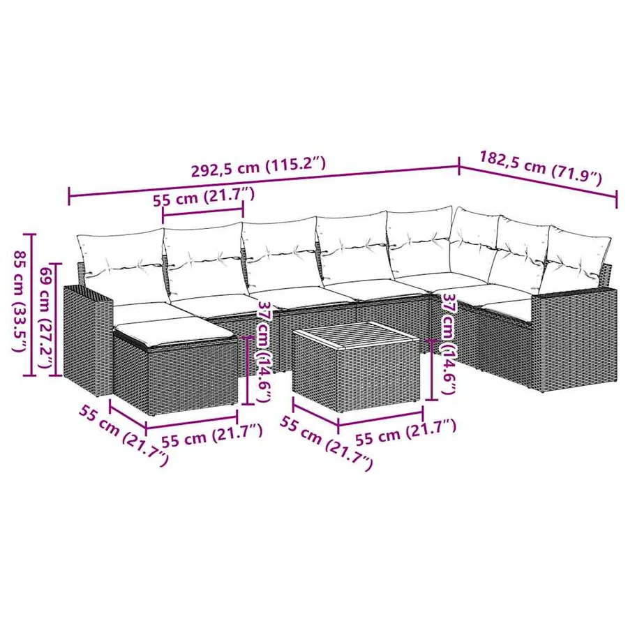 Salon de jardin 9 pcs avec coussins noir résine tressée - 14