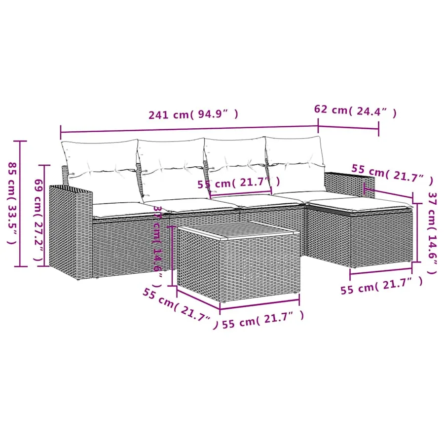 Salon de jardin 6 pcs avec coussins noir résine tressée - 11