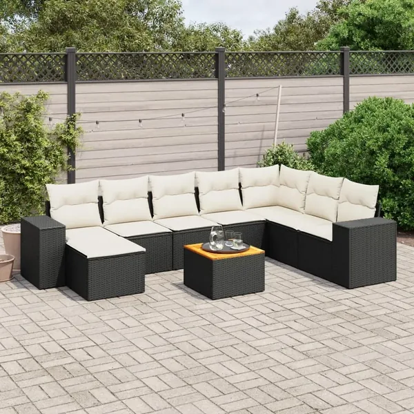Salon de jardin 9 pcs avec coussins noir résine tressée