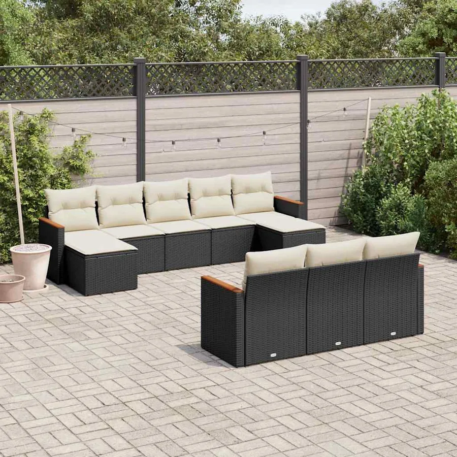 Salon de jardin 10 pcs avec coussins noir résine tressée
