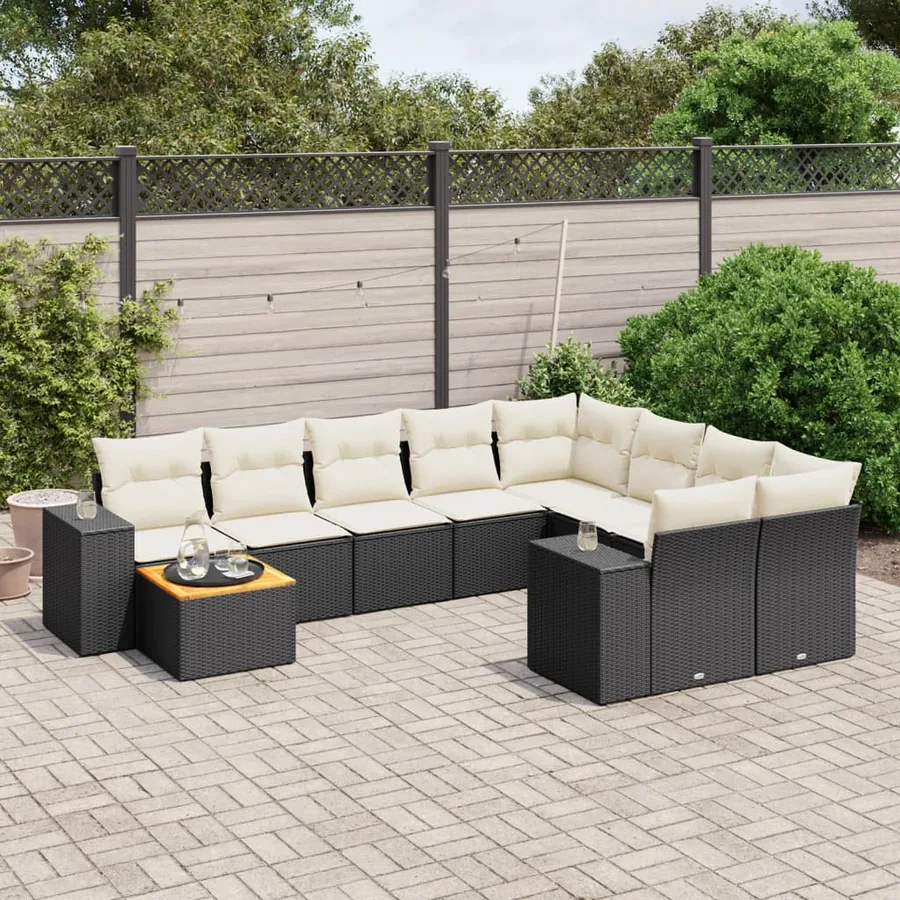 Salon de jardin 10 pcs avec coussins noir résine tressée
