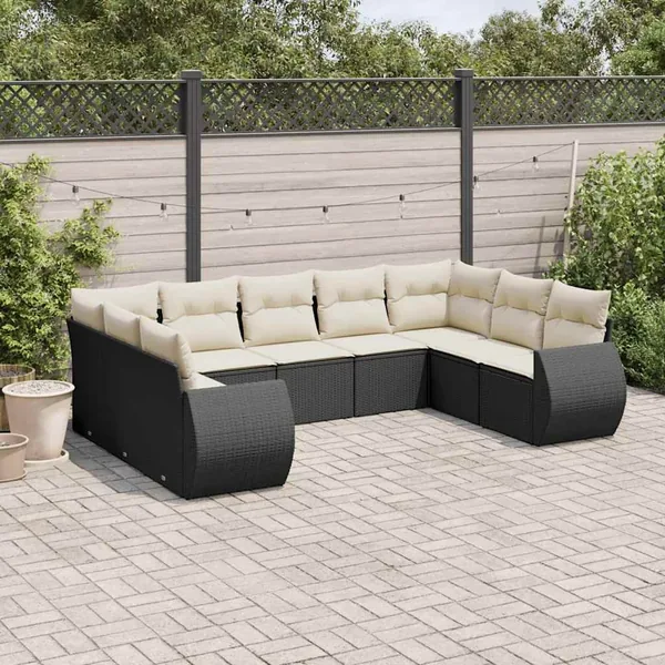 Salon de jardin 9 pcs avec coussins noir résine tressée