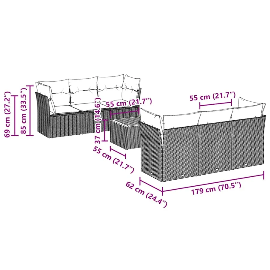 Salon de jardin 7 pcs avec coussins noir résine tressée 62 x 62 x 69 cm - 62,8 kg - 10