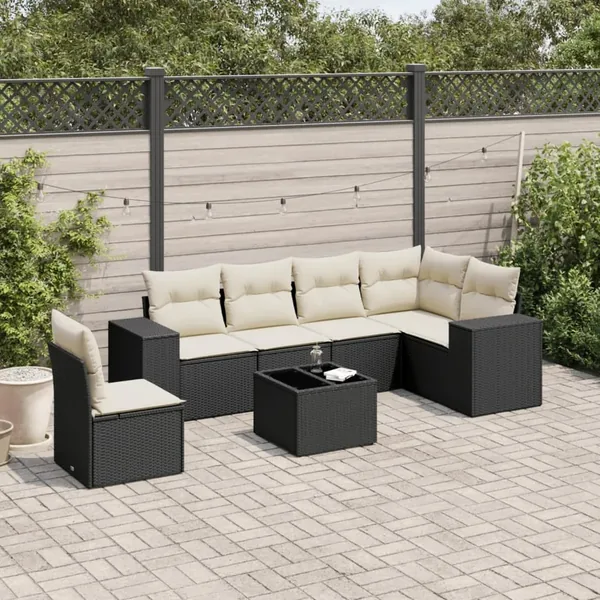 Salon de jardin 7 pcs avec coussins noir résine tressée 62 x 62 x 69 cm - 63,2 kg