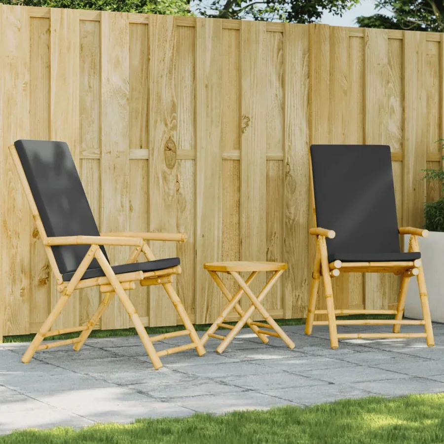 Ensemble de bistro pliante 3 pcs et coussins gris foncé bambou