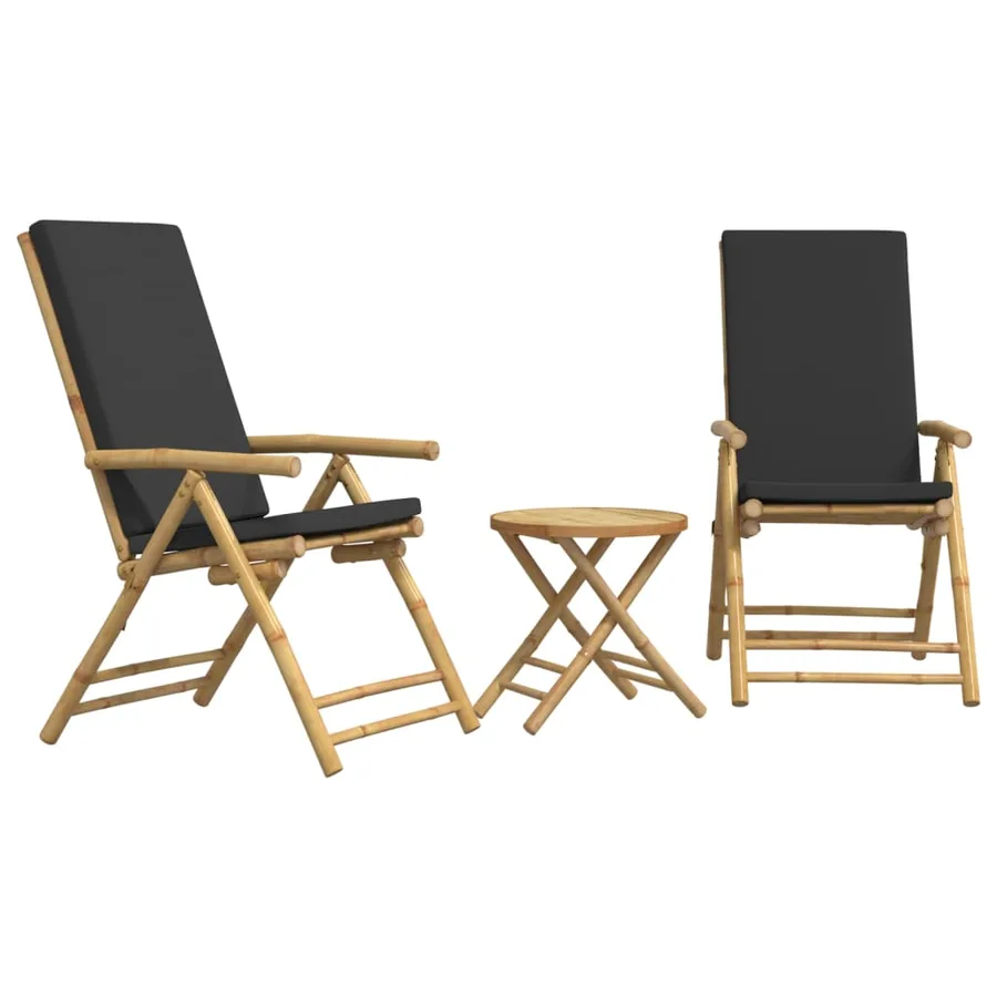 Ensemble de bistro pliante 3 pcs et coussins gris foncé bambou - 2