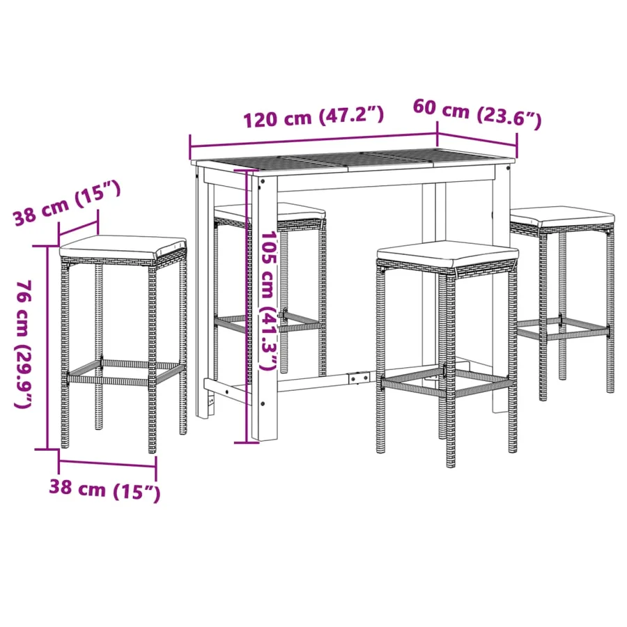 Ensemble de bar de jardin 5 pcs marron bois massif acacia rotin - 11