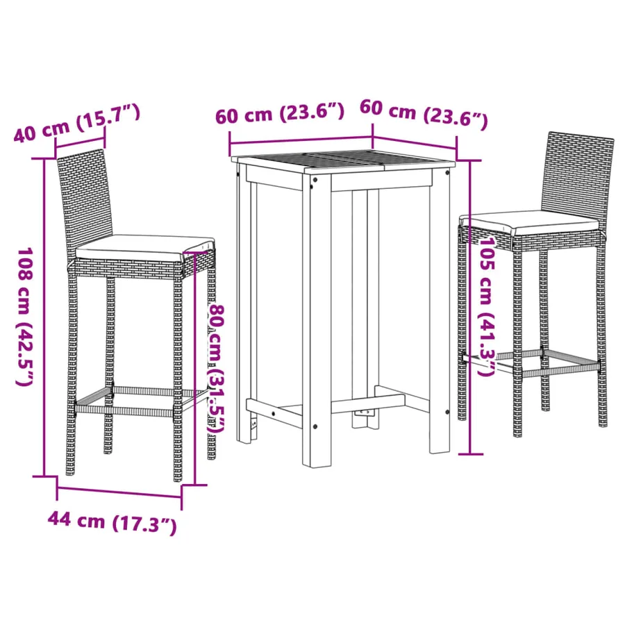 Ensemble de bar de jardin 3 pcs gris bois massif acacia rotin - 11