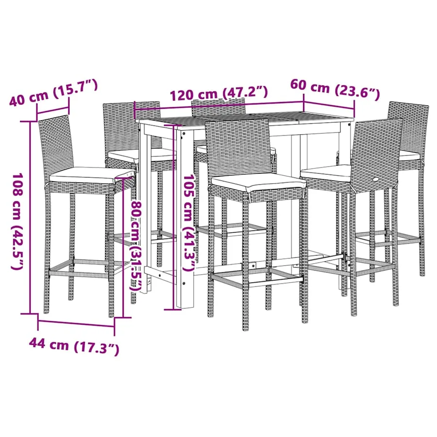 Ensemble de bar de jardin 7 pcs noir bois massif acacia rotin - 11