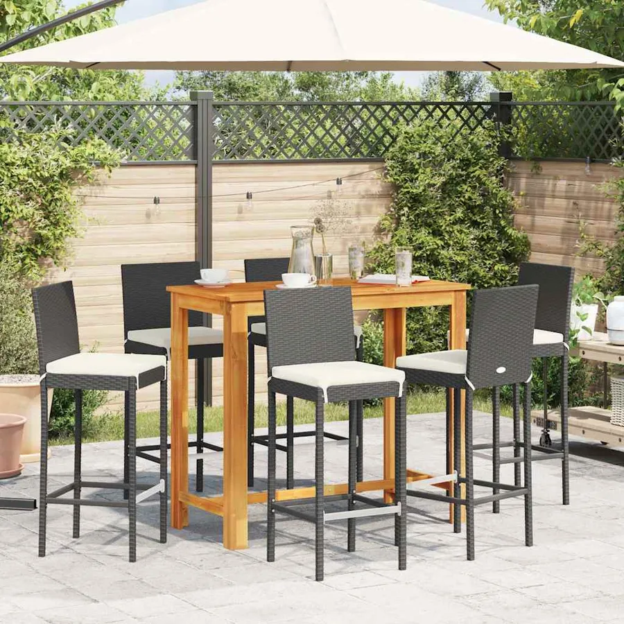 Ensemble de bar de jardin 7 pcs noir bois massif acacia rotin - 3