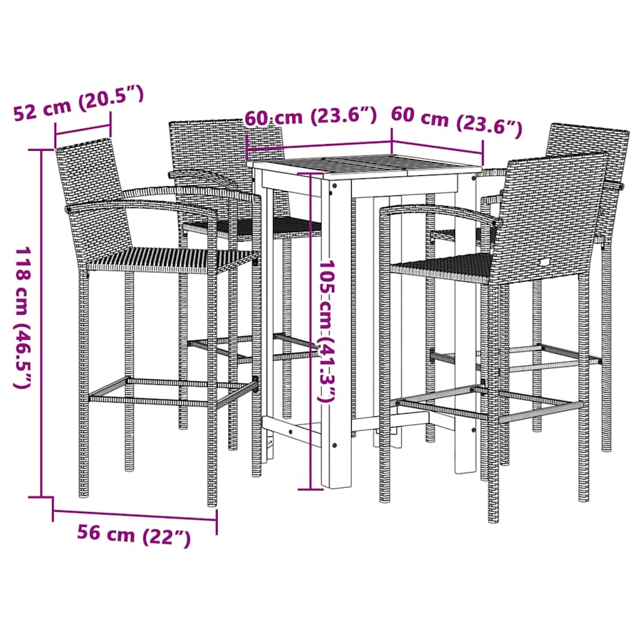 Ensemble de bar de jardin 5 pcs gris bois massif acacia rotin - 11