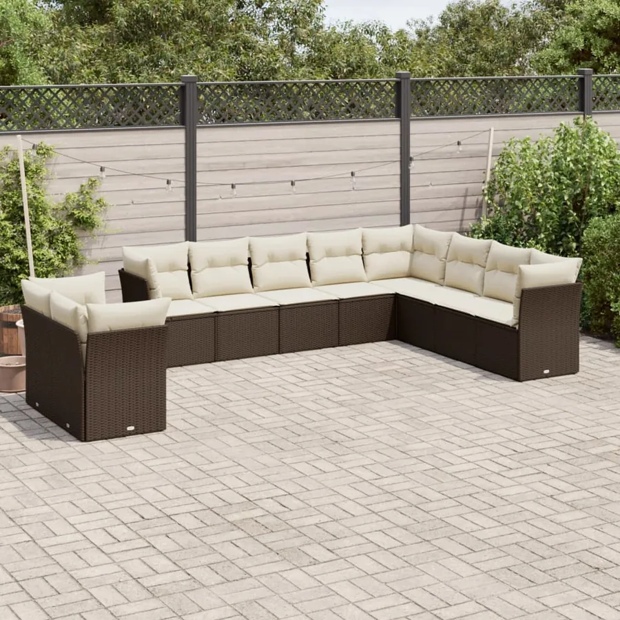 Salon de jardin 10 pcs avec coussins marron résine tressée