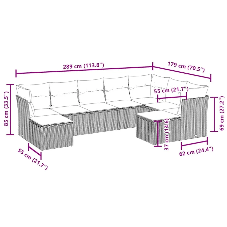 Salon de jardin avec coussins 9 pcs marron résine tressée - 3