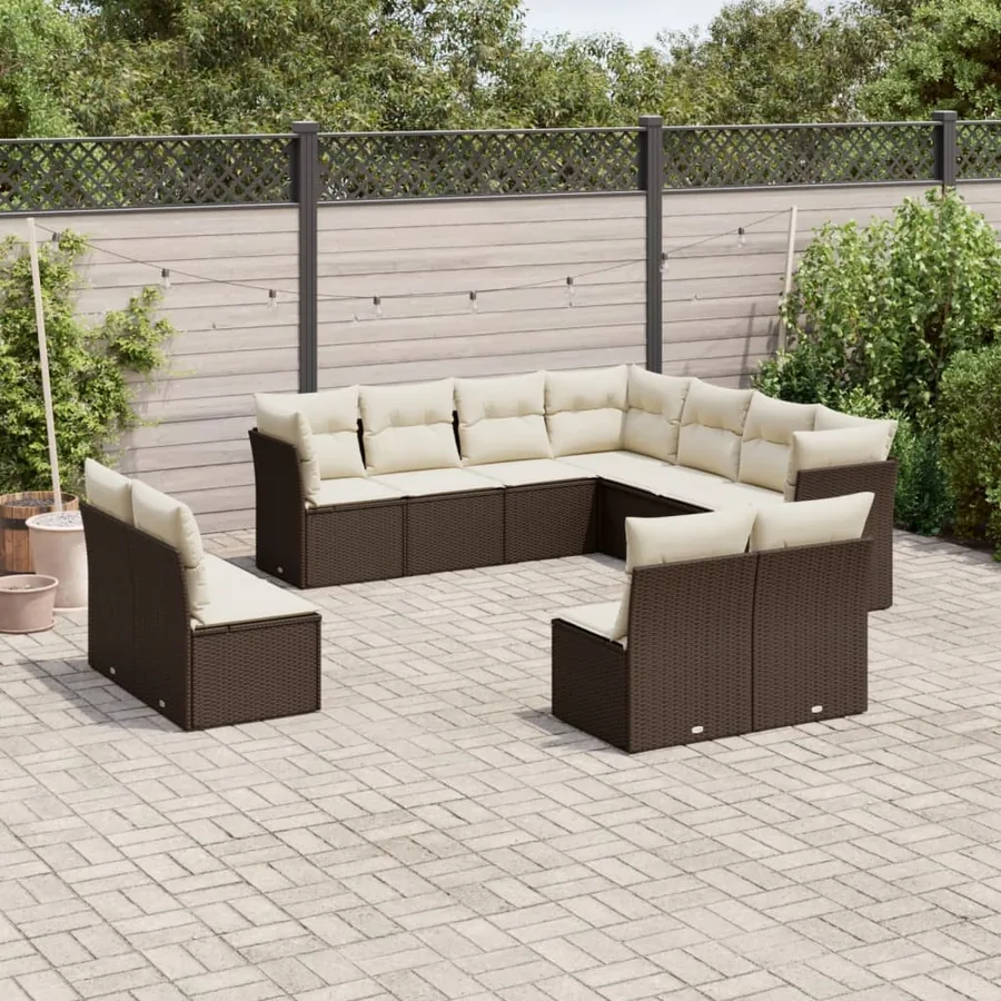 Salon de jardin et coussins 11 pcs marron résine tressée