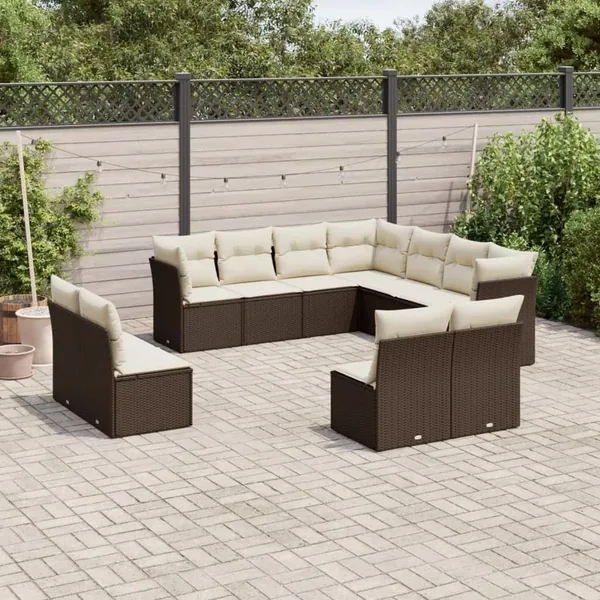 Salon de jardin et coussins 11 pcs marron résine tressée