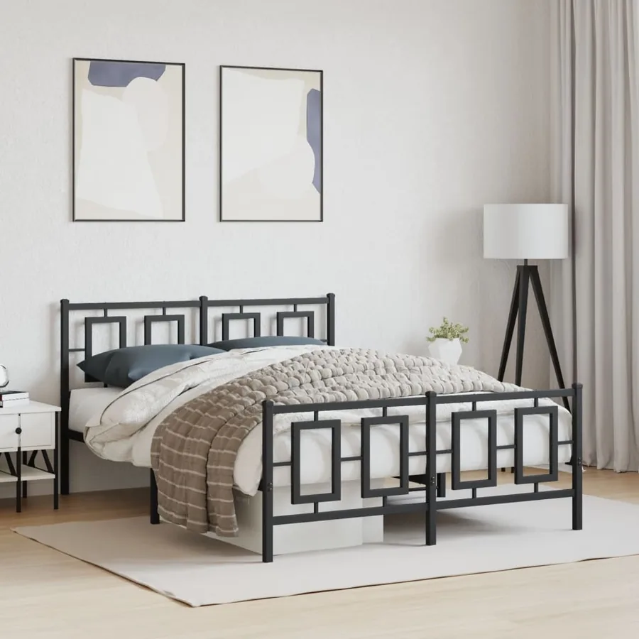 Cadre de lit métal sans matelas avec pied de lit noir 135x190cm