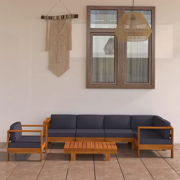 Salon de jardin 7 pcs avec coussins gris foncé Bois d'acacia