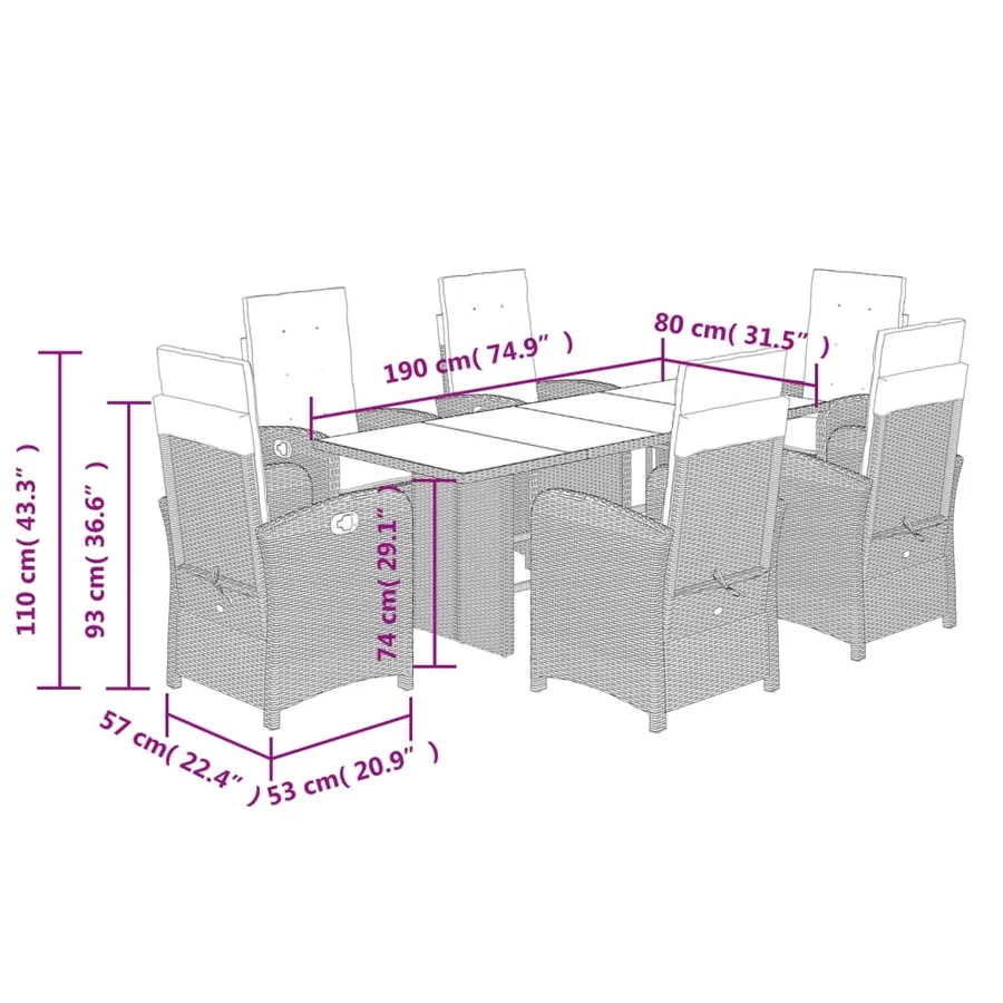 Ensemble à manger de jardin et coussins 7 pcs marron rotin - 9