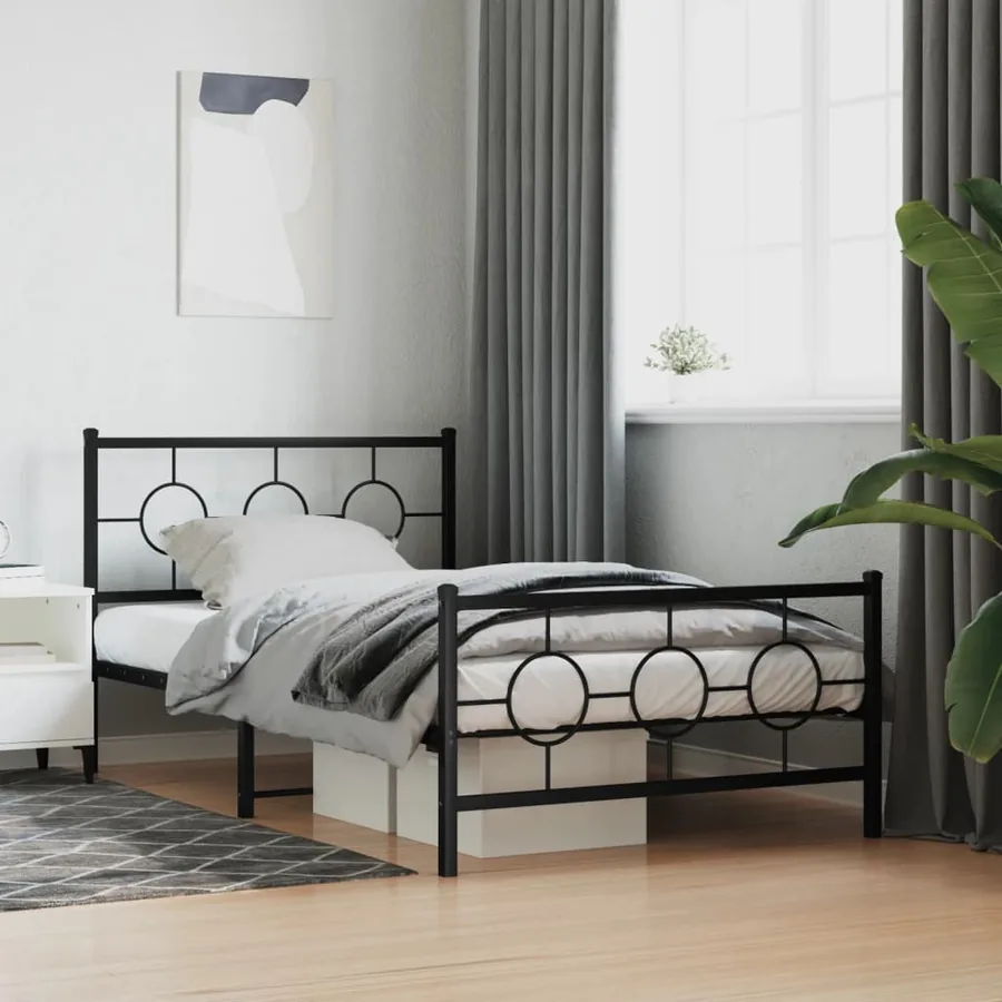 Cadre de lit métal sans matelas avec pied de lit noir 107x203cm