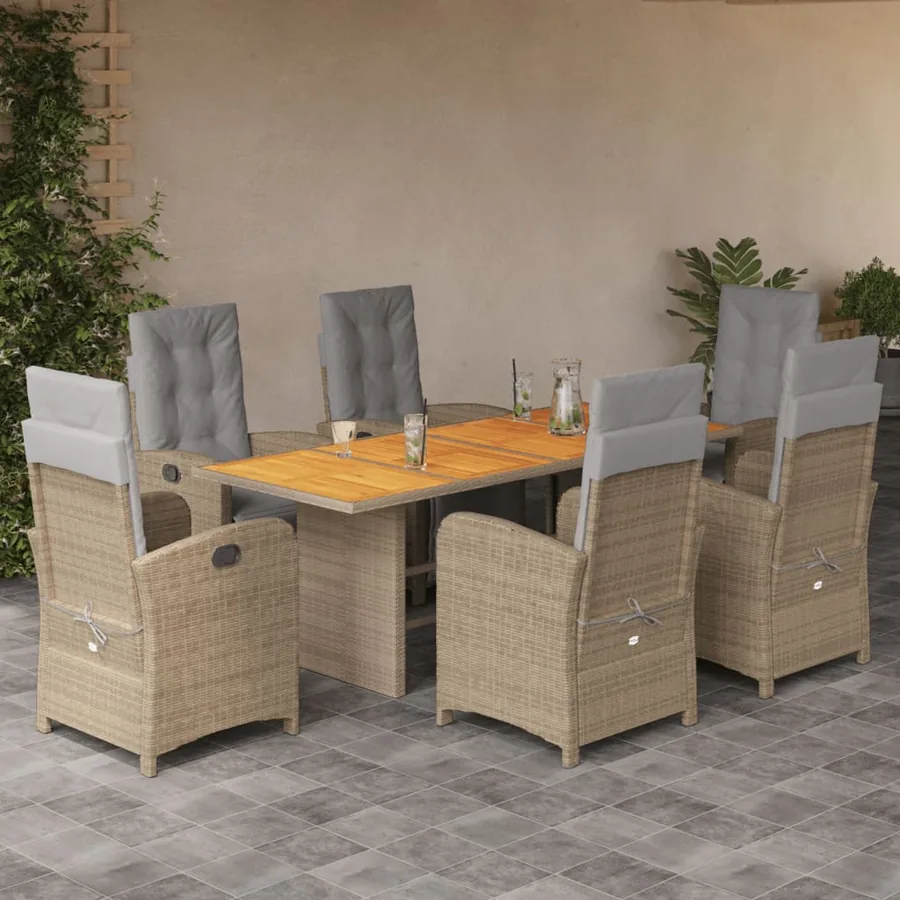 Ensemble à manger de jardin et coussins 7 pcs beige poly rotin