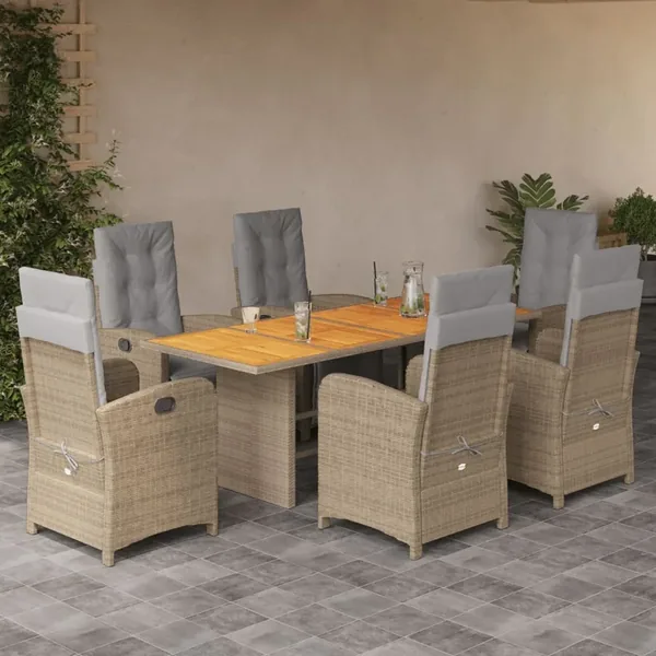 Ensemble à manger de jardin et coussins 7 pcs beige poly rotin