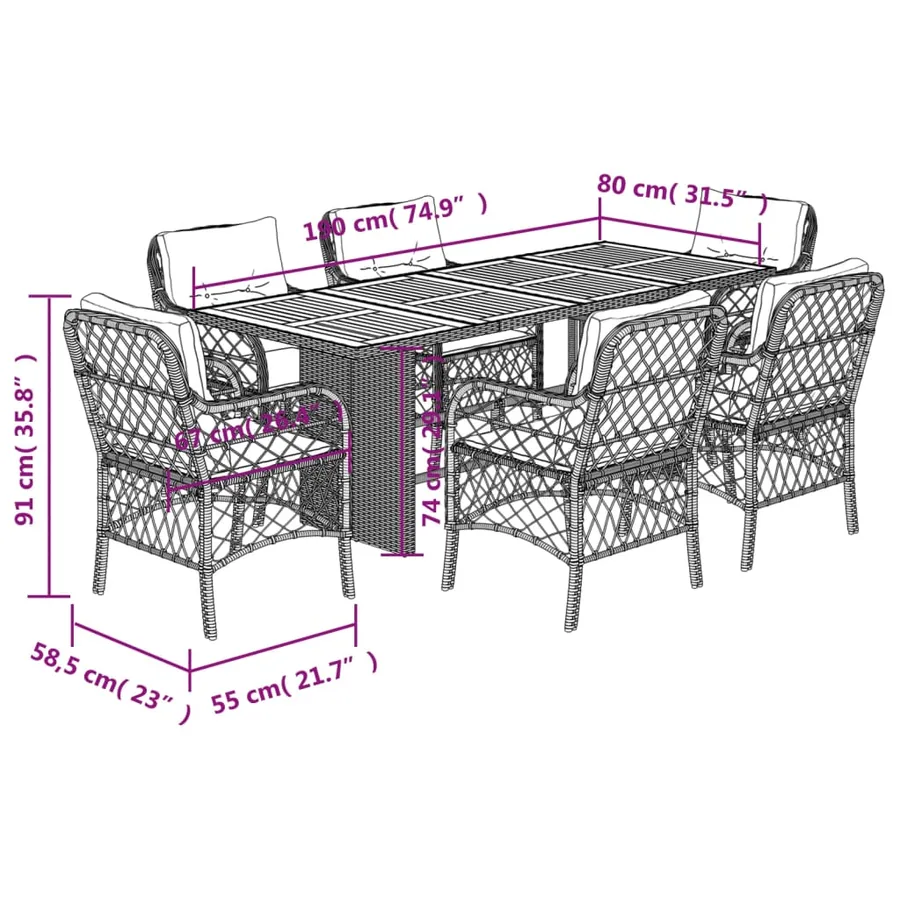 Ensemble à manger de jardin et coussins 7 pcs beige poly rotin - 7