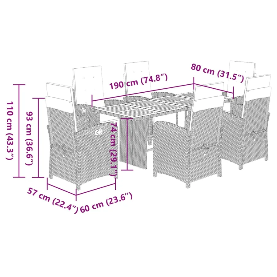 Ensemble à manger de jardin coussins 7pcs Noir Résine tressée - 9